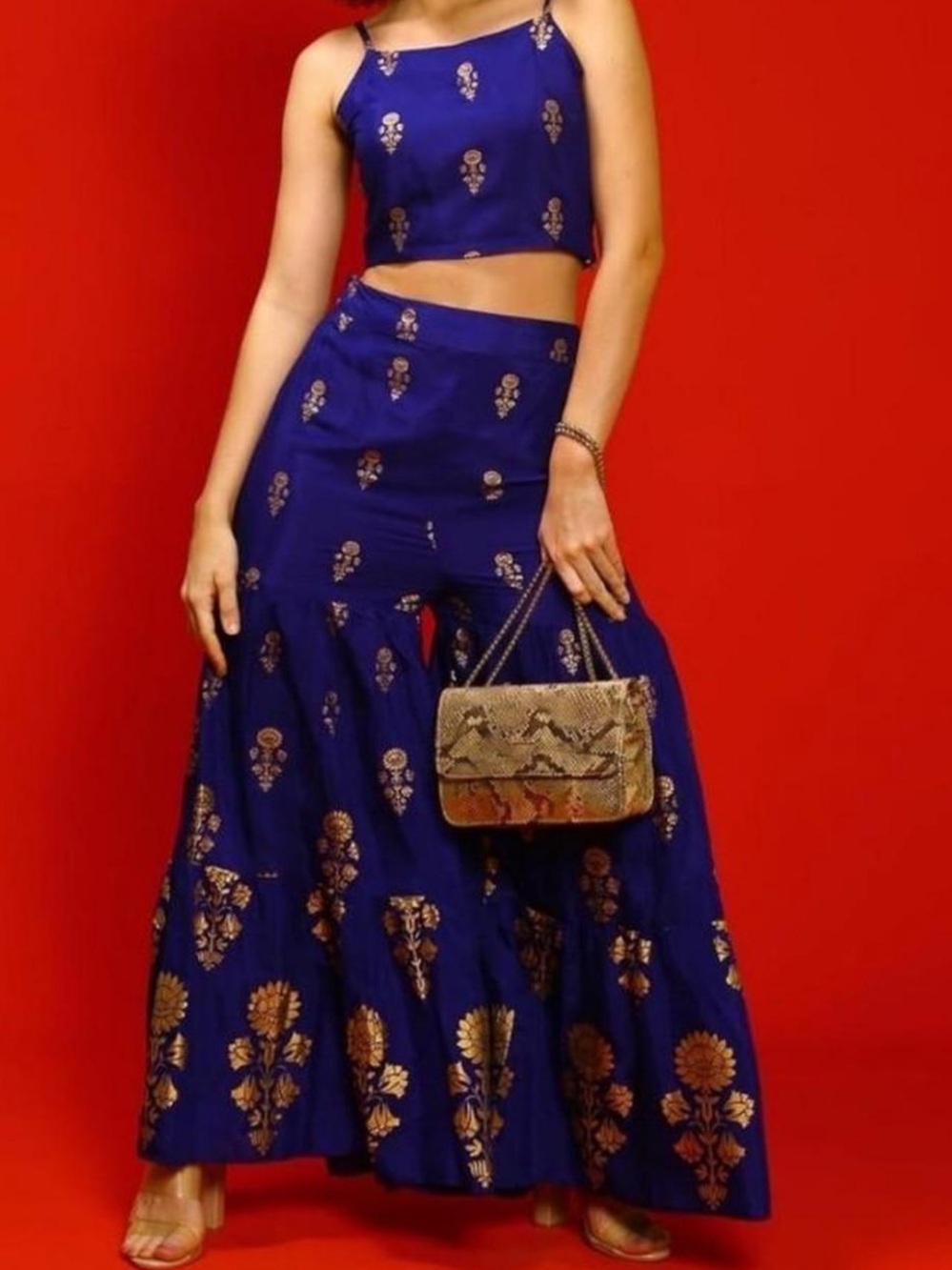Elegant Royal Blue & Gold Co-ord Set (Size Large).  Crop top & Palazzo pants.